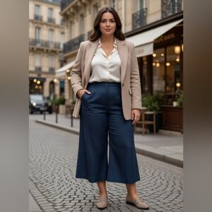 NWT Anthropologie The Adi Linen Blend Denim Blue Crop Wide Mid-Rise Flare Pants